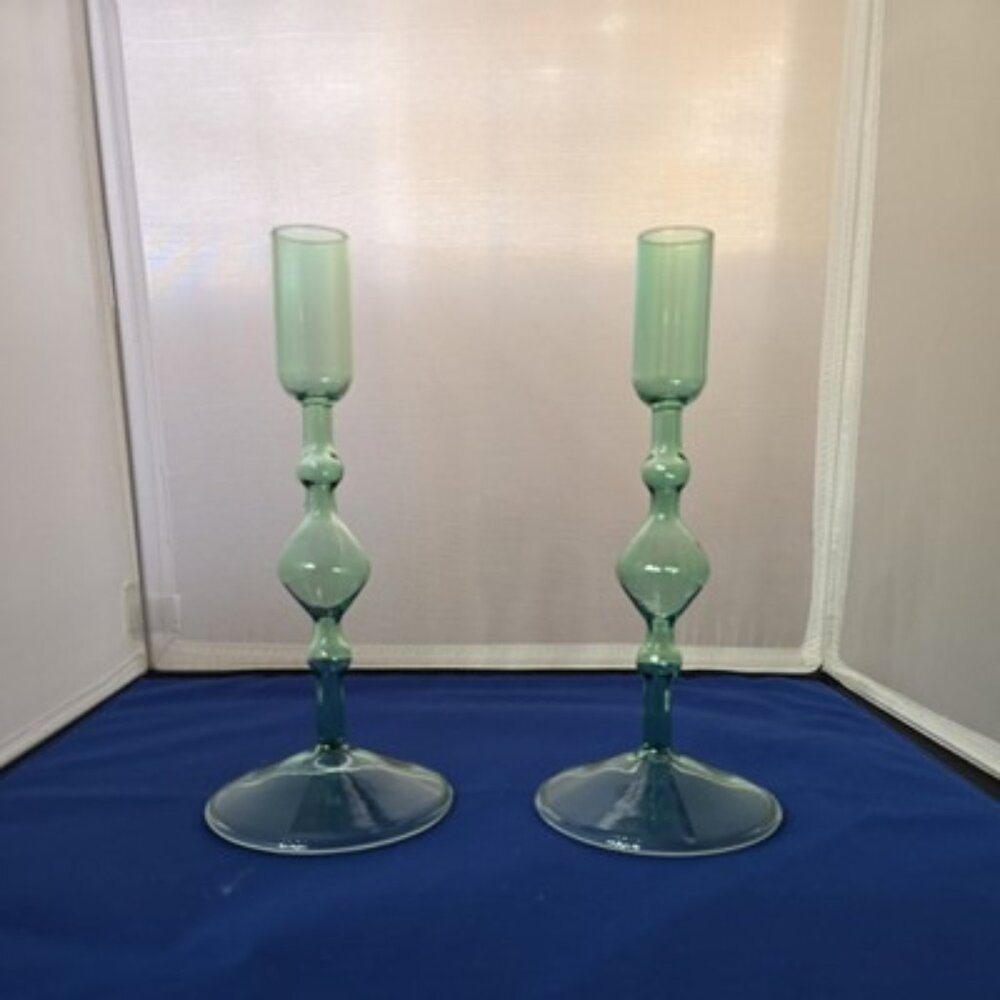 POKETO Glass Candlestick Holder Set of 2 Green  Vintage